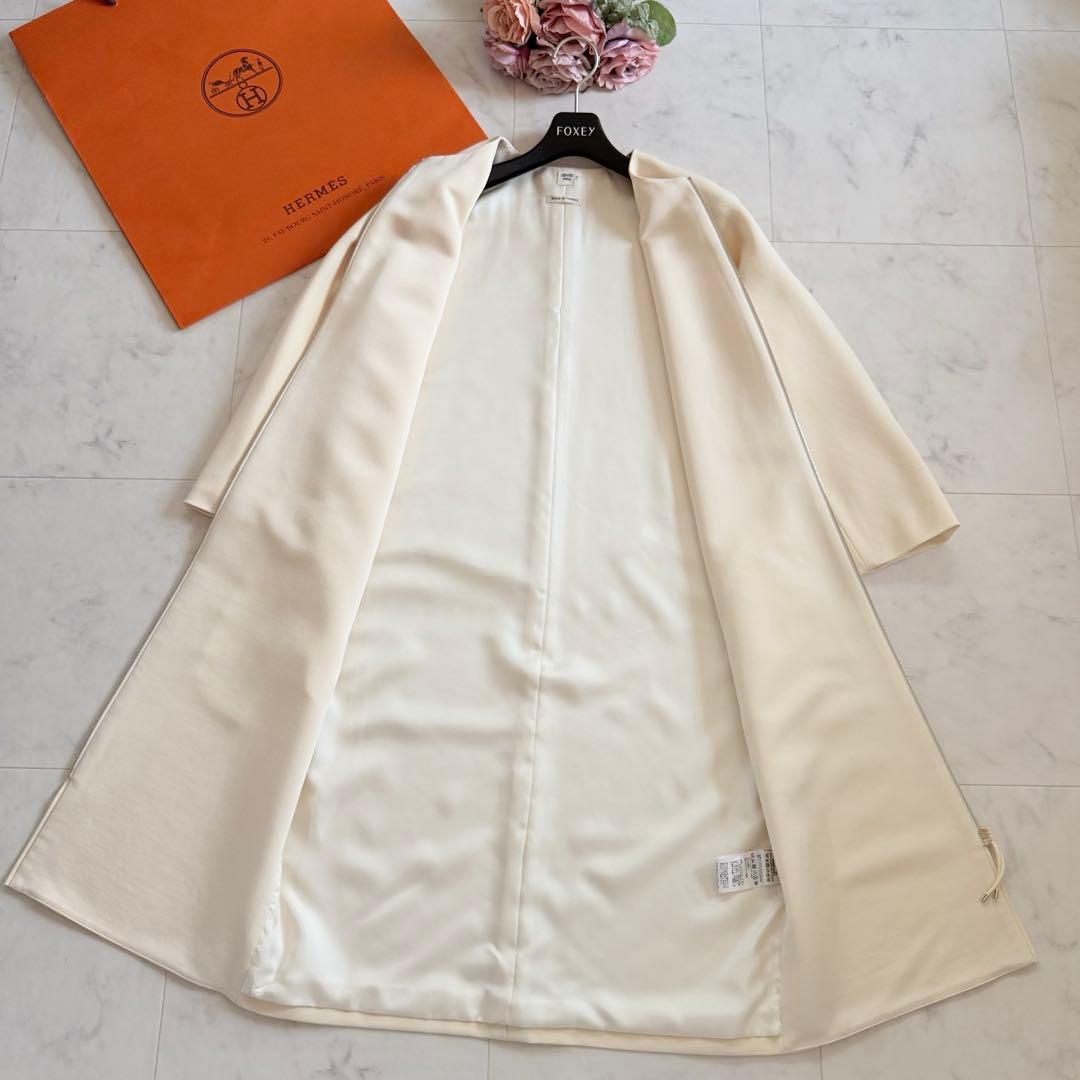 美品★HERMES エルメス 高級シルクウール ノーカラー スプリングコート