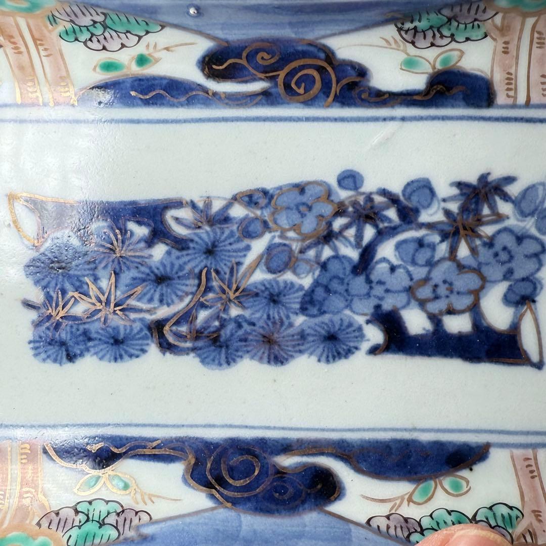 古伊万里　色絵松竹梅文様七寸長皿　冨貴長春　江戸時代　古陶を楽しむ　裏文様有