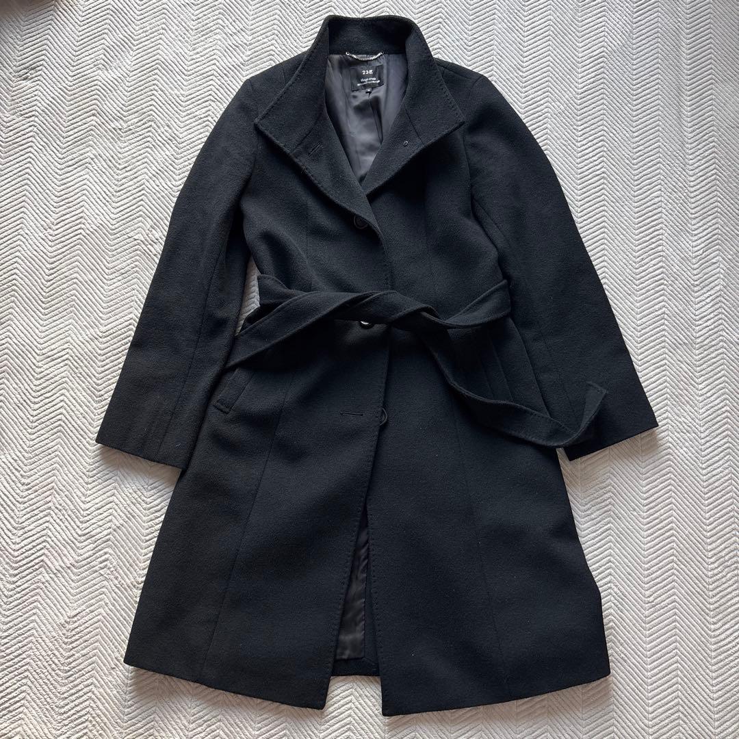 美品【アンゴラ混】23区　スタンドカラーコート 38 ベルト 黒 ウール