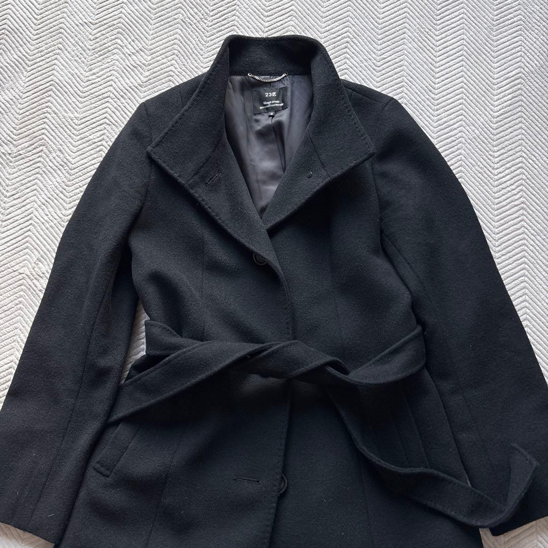 美品【アンゴラ混】23区　スタンドカラーコート 38 ベルト 黒 ウール