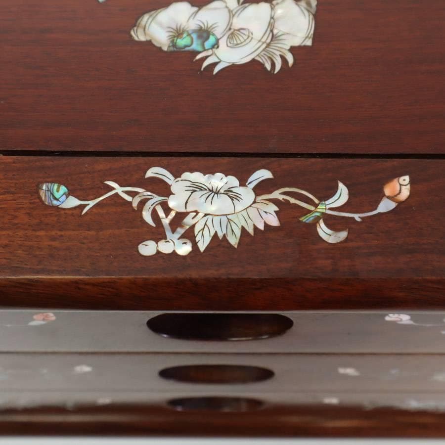 唐木 銘木 花梨無垢 螺鈿細工 花鳥図 小抽斗 3段 小引き出し 小箪笥