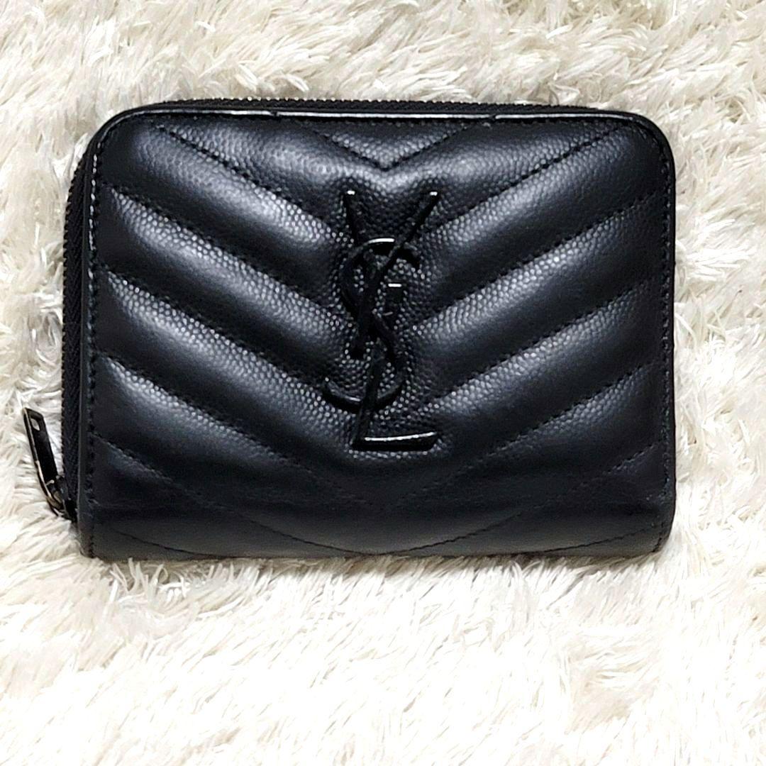 極美品 サンローラン YSL Vステッチ 二つ折り財布 キャビアスキン 黒