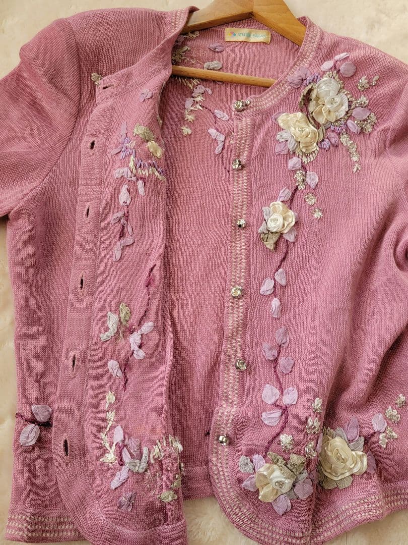 アトリエサガン　花柄　刺繍　カーディガン　長袖　ピンク　ATELIERSAGAN
