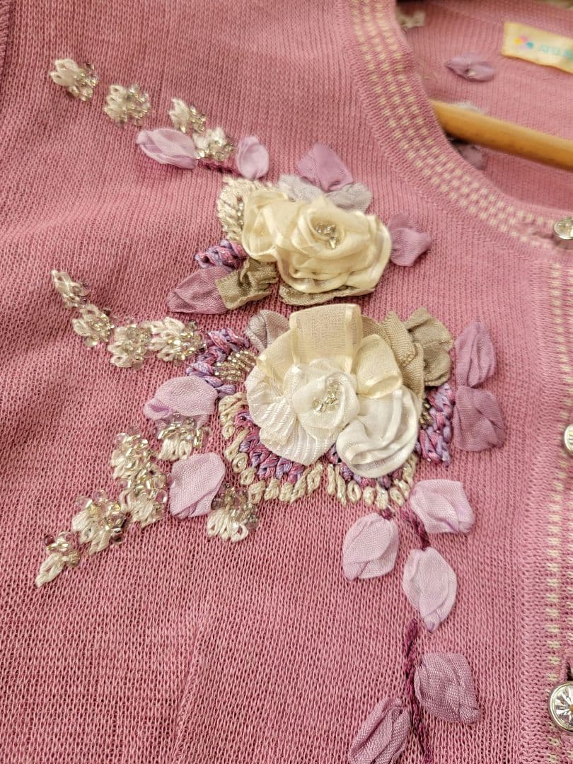 アトリエサガン　花柄　刺繍　カーディガン　長袖　ピンク　ATELIERSAGAN