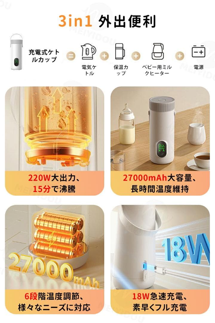 【定価9800円】ポータブル電気ケトル　温度調整可能　350ml 電源不要