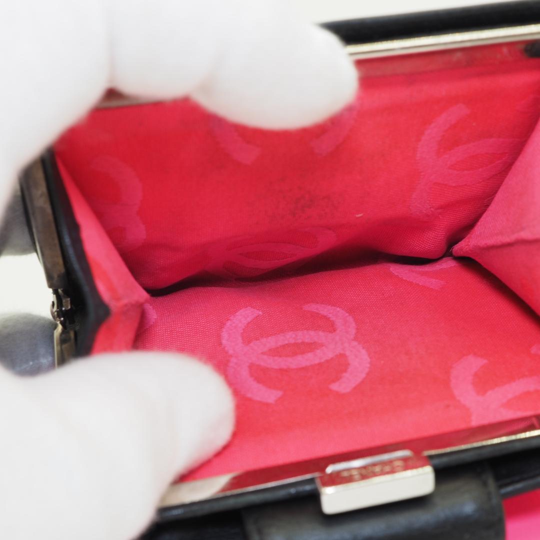 CHANEL カンボンライン コンパクト がま口 二つ折り財布 黒×ピンク