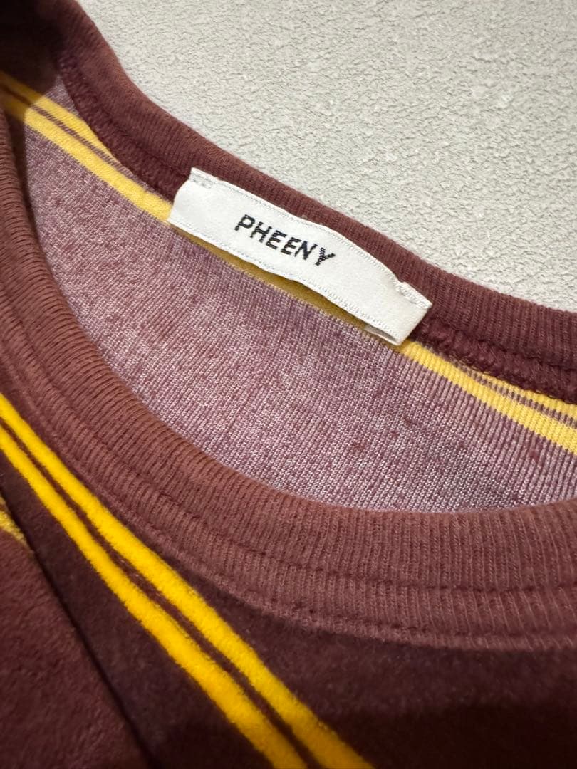 PHEENY バーガンディ ストライプ ベロア半袖Tシャツ