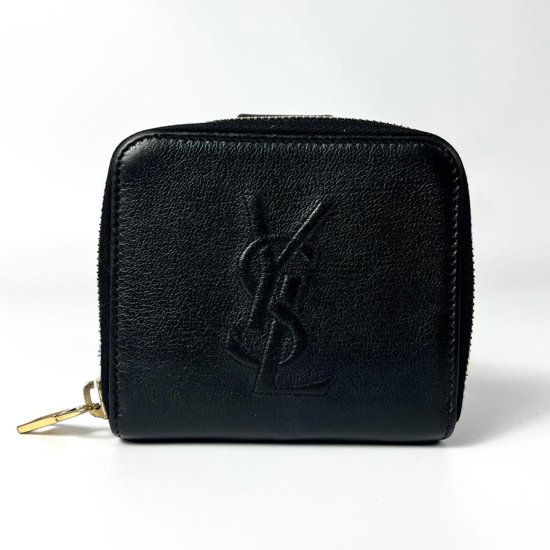 希少✨サンローラン 二つ折り財布 YSL エンボス レザー ファスナー 黒