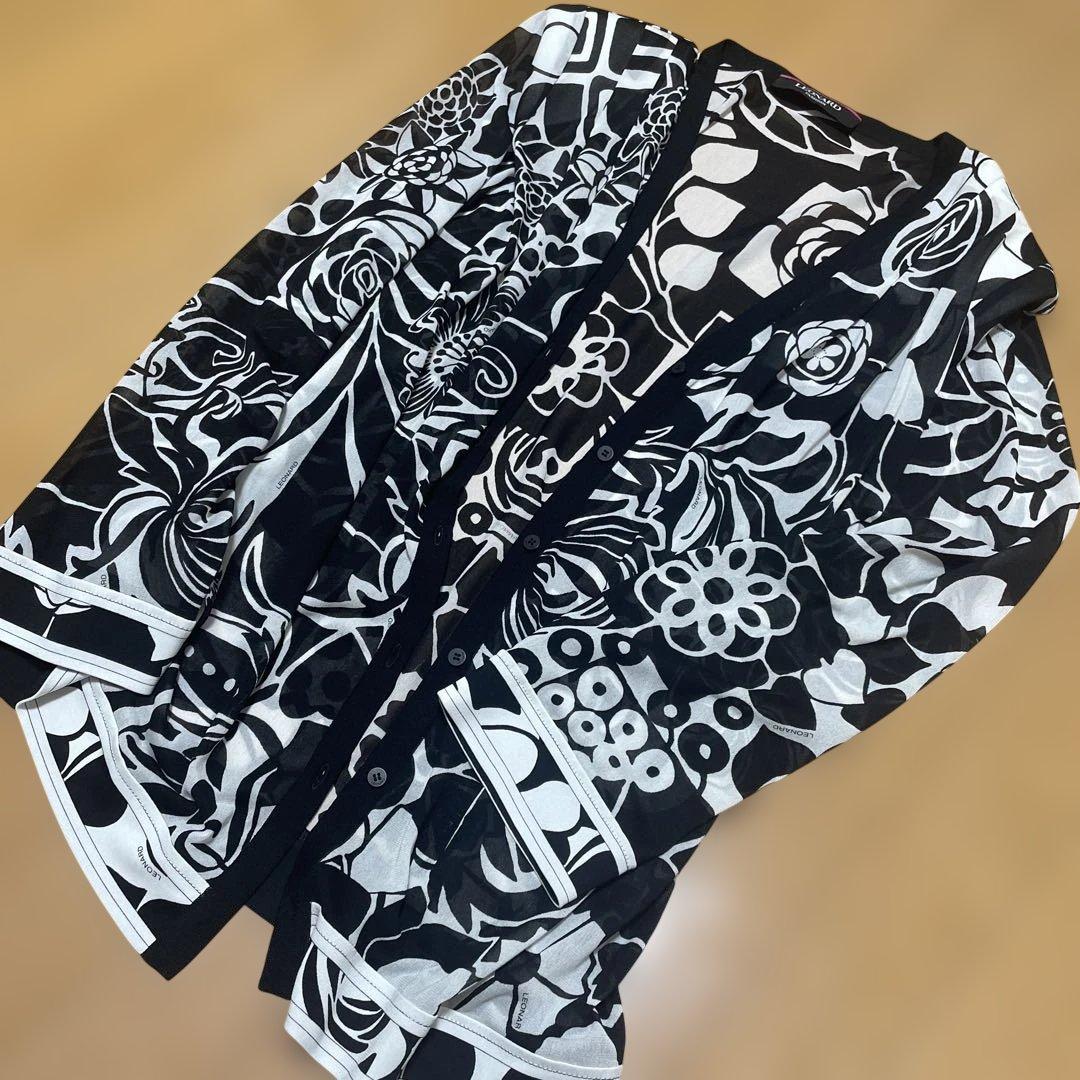 【美品】LEONARD レオナール カーディガン 花柄 モノトーン 42 XL