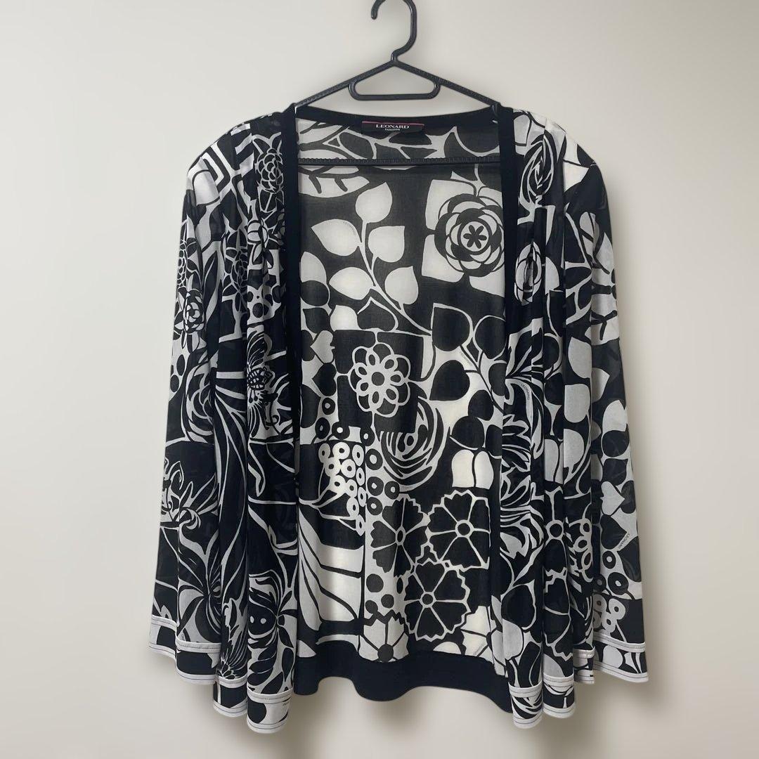 【美品】LEONARD レオナール カーディガン 花柄 モノトーン 42 XL