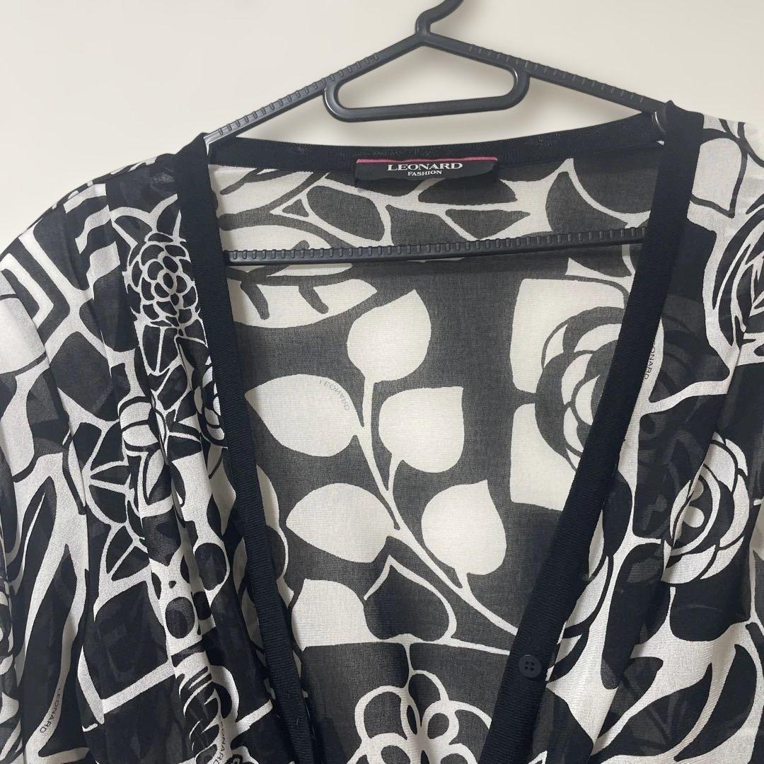 【美品】LEONARD レオナール カーディガン 花柄 モノトーン 42 XL