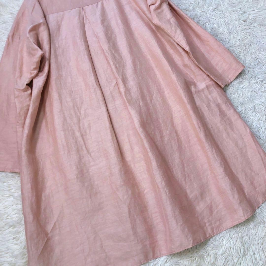 ビアズリー フロントリボン リネン混チュニック ゆったりワンピース ピンク F