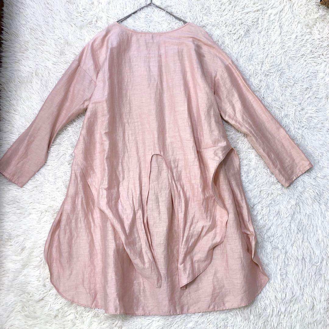 ビアズリー フロントリボン リネン混チュニック ゆったりワンピース ピンク F