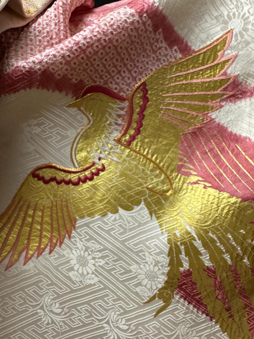 千總 白×ピンク地×ブルー 桶絞り 鳳凰 金駒刺繍 振袖 川島織物フルセット
