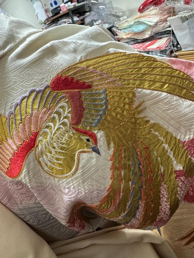 千總 白×ピンク地×ブルー 桶絞り 鳳凰 金駒刺繍 振袖 川島織物フルセット