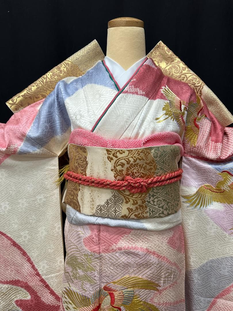 千總 白×ピンク地×ブルー 桶絞り 鳳凰 金駒刺繍 振袖 川島織物フルセット