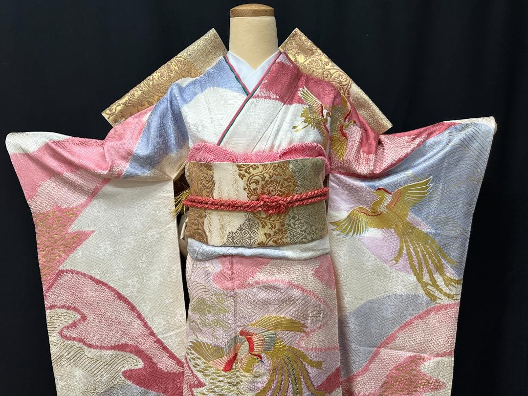 千總 白×ピンク地×ブルー 桶絞り 鳳凰 金駒刺繍 振袖 川島織物フルセット