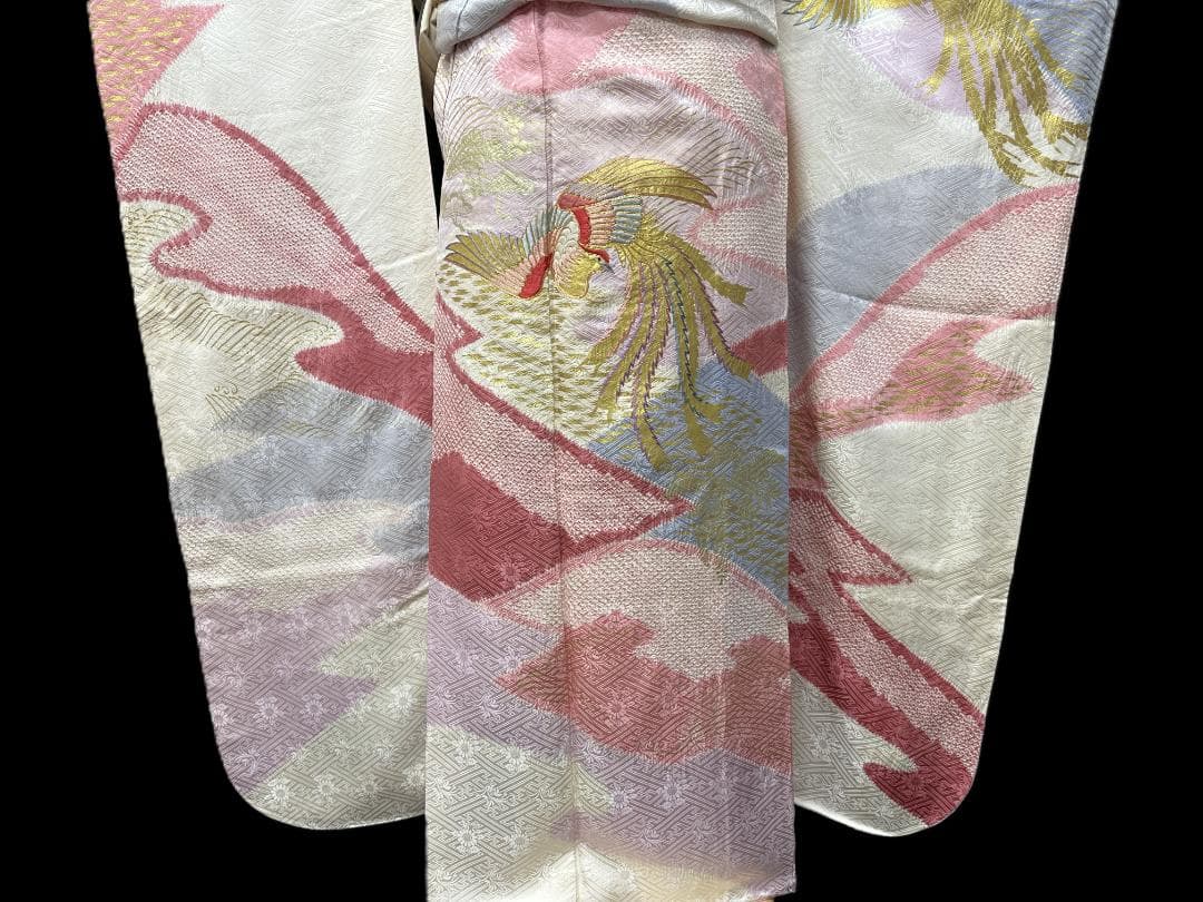 千總 白×ピンク地×ブルー 桶絞り 鳳凰 金駒刺繍 振袖 川島織物フルセット