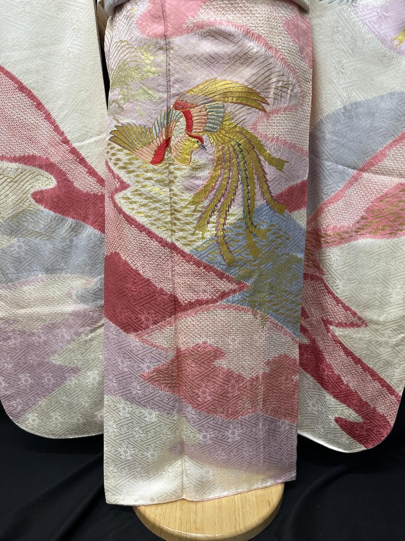 千總 白×ピンク地×ブルー 桶絞り 鳳凰 金駒刺繍 振袖 川島織物フルセット