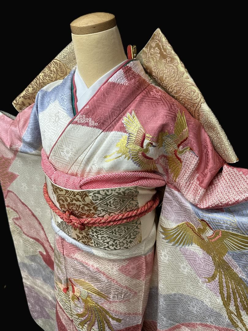 千總 白×ピンク地×ブルー 桶絞り 鳳凰 金駒刺繍 振袖 川島織物フルセット