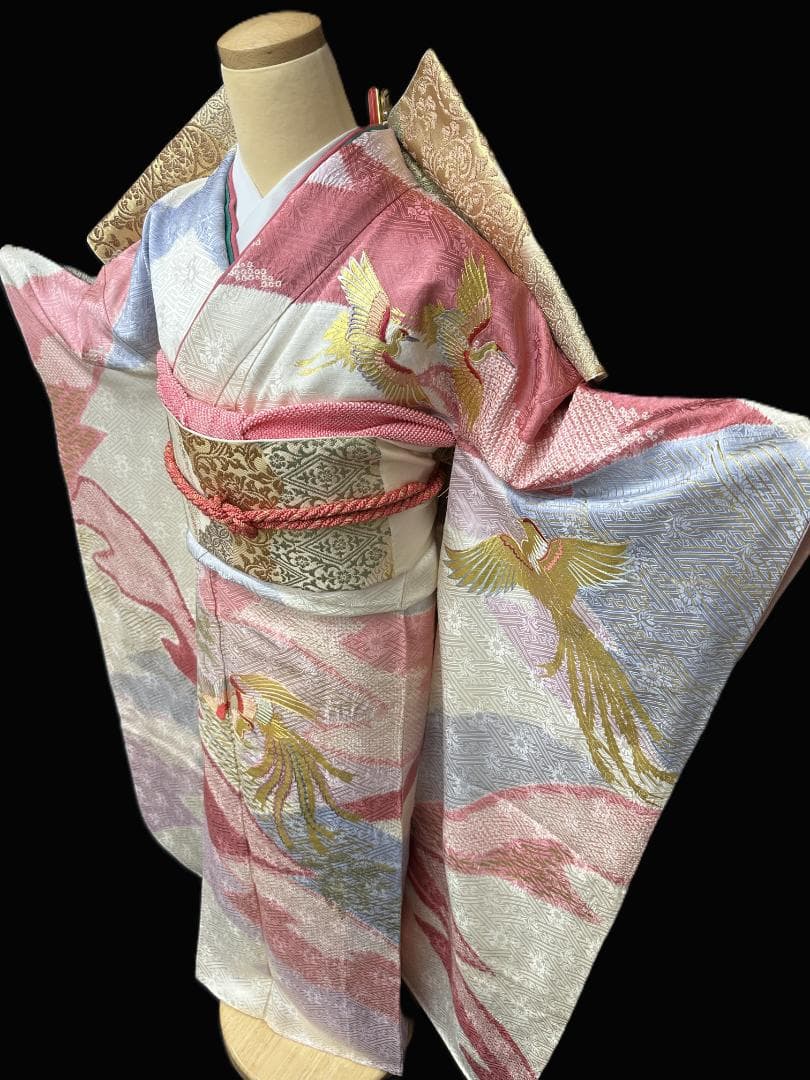 千總 白×ピンク地×ブルー 桶絞り 鳳凰 金駒刺繍 振袖 川島織物フルセット