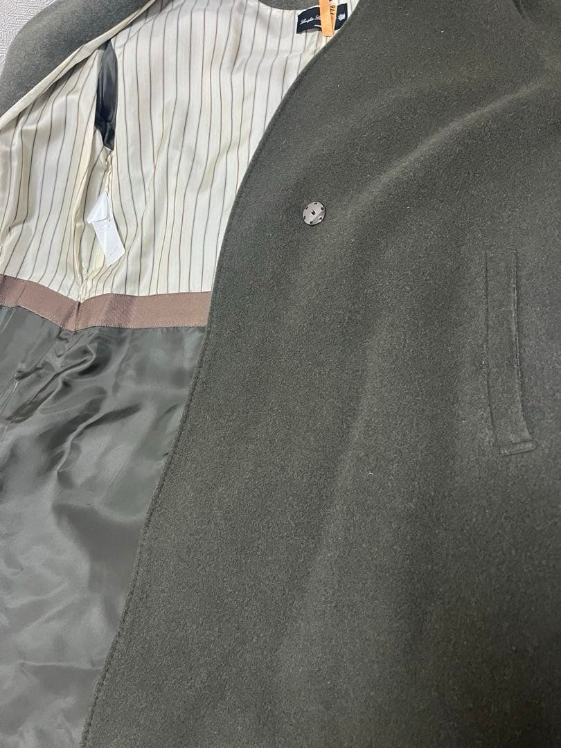 自由区　ウールロングコート　ノーカラー　Vネック　ダークグリーン　サイズ42