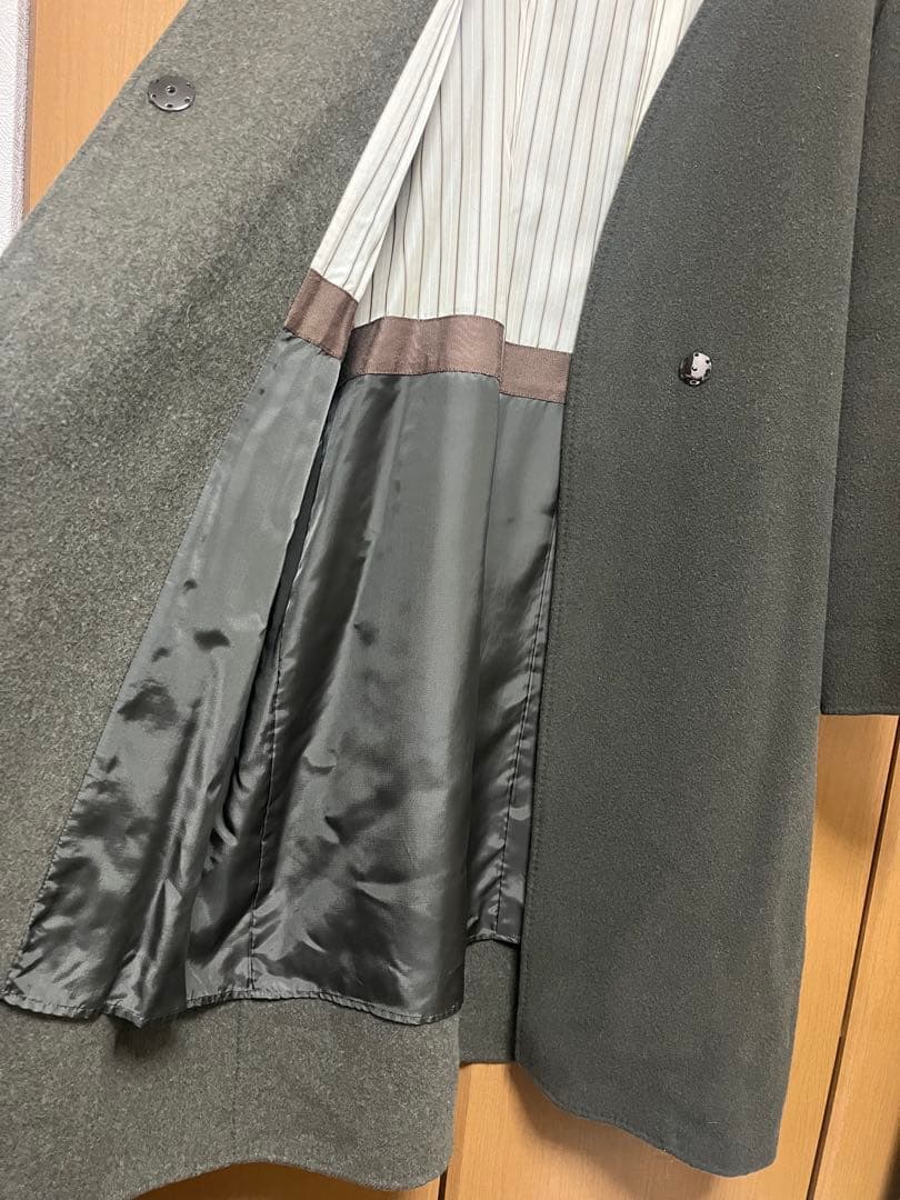 自由区　ウールロングコート　ノーカラー　Vネック　ダークグリーン　サイズ42