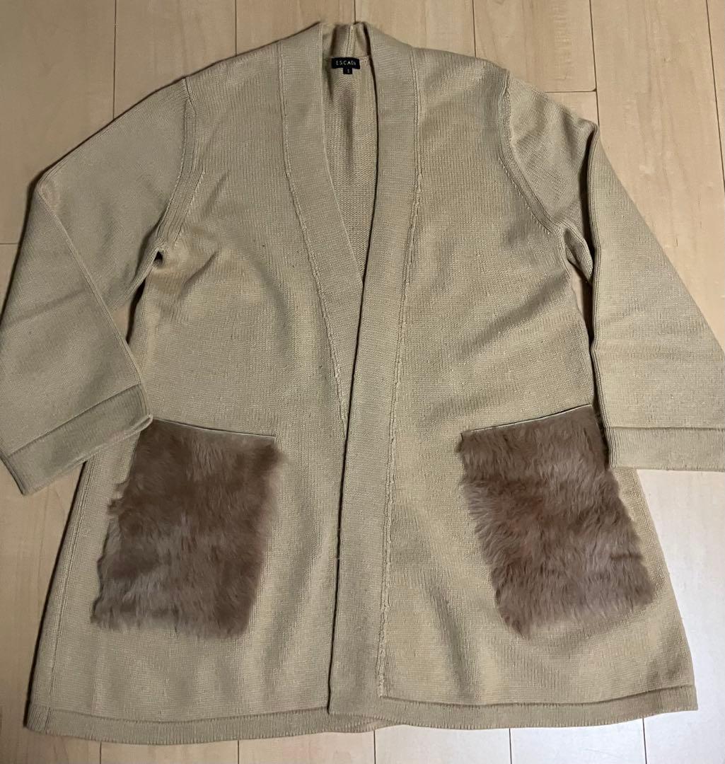 【再お値下げ】ESCADA ウールニットコート キャメル色 リアルファーポケット