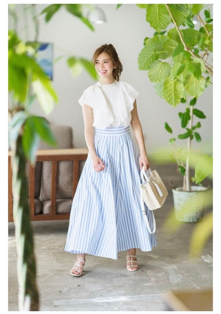 セブンテンバイミホカワヒト ロング フレアスカート ライトブルー ストライプ