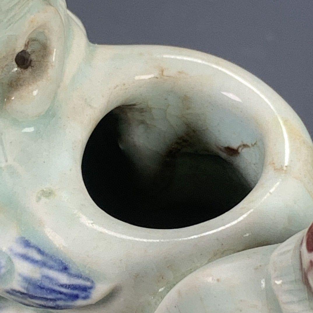青花に紅の浮彫り寿星 急須 陶磁器 装飾品 現代工芸品 美術品 置物