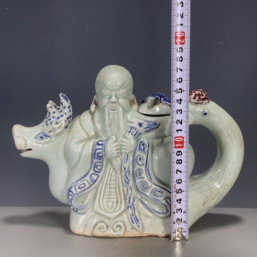 青花に紅の浮彫り寿星 急須 陶磁器 装飾品 現代工芸品 美術品 置物