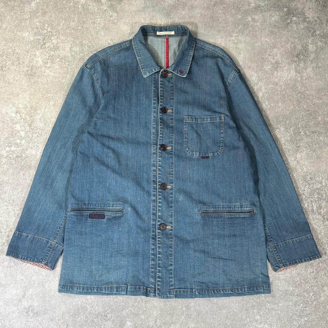 Papas デニムカバーオール　M ストレッチデニム　刺繍　薄手　羽織り