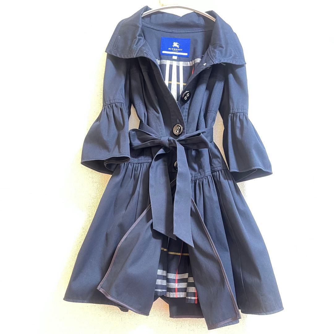 美品 バーバリーブルーレーベル ネイビーブラック トレンチコートベルト付き38