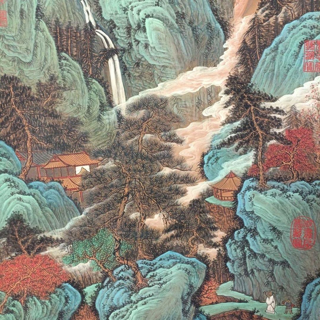 唐寅 幽谷碧山 掛軸 77×175cm 証書付