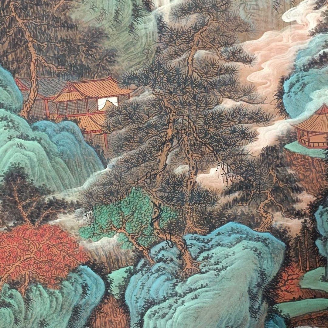 唐寅 幽谷碧山 掛軸 77×175cm 証書付