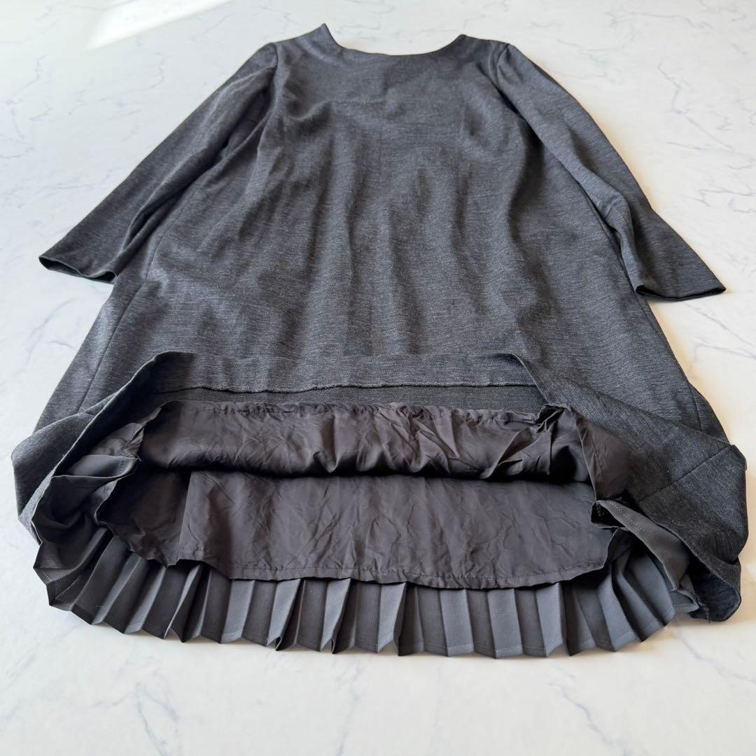 leilian レリアン 長袖ワンピース グレー L バックプリーツ 膝丈