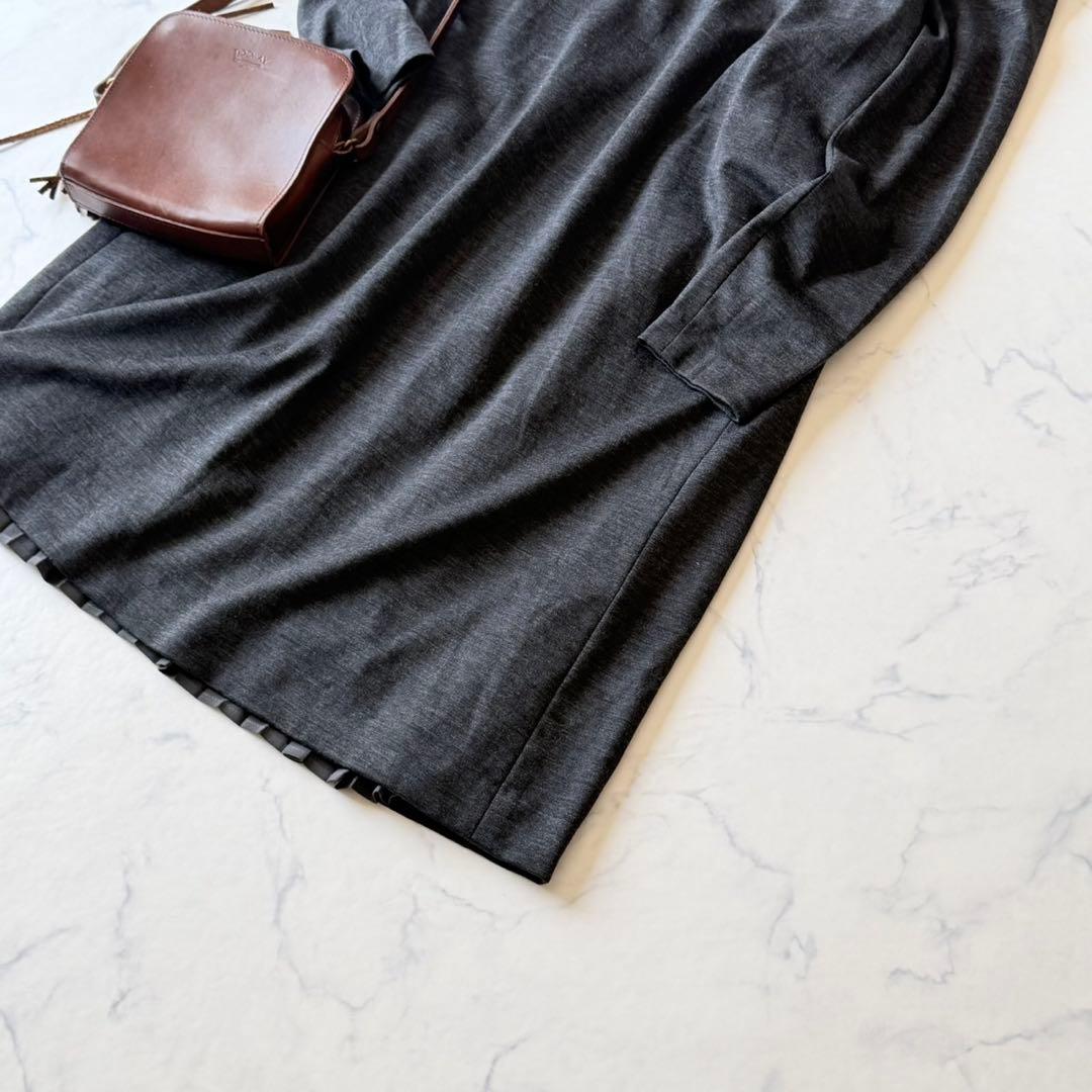 leilian レリアン 長袖ワンピース グレー L バックプリーツ 膝丈