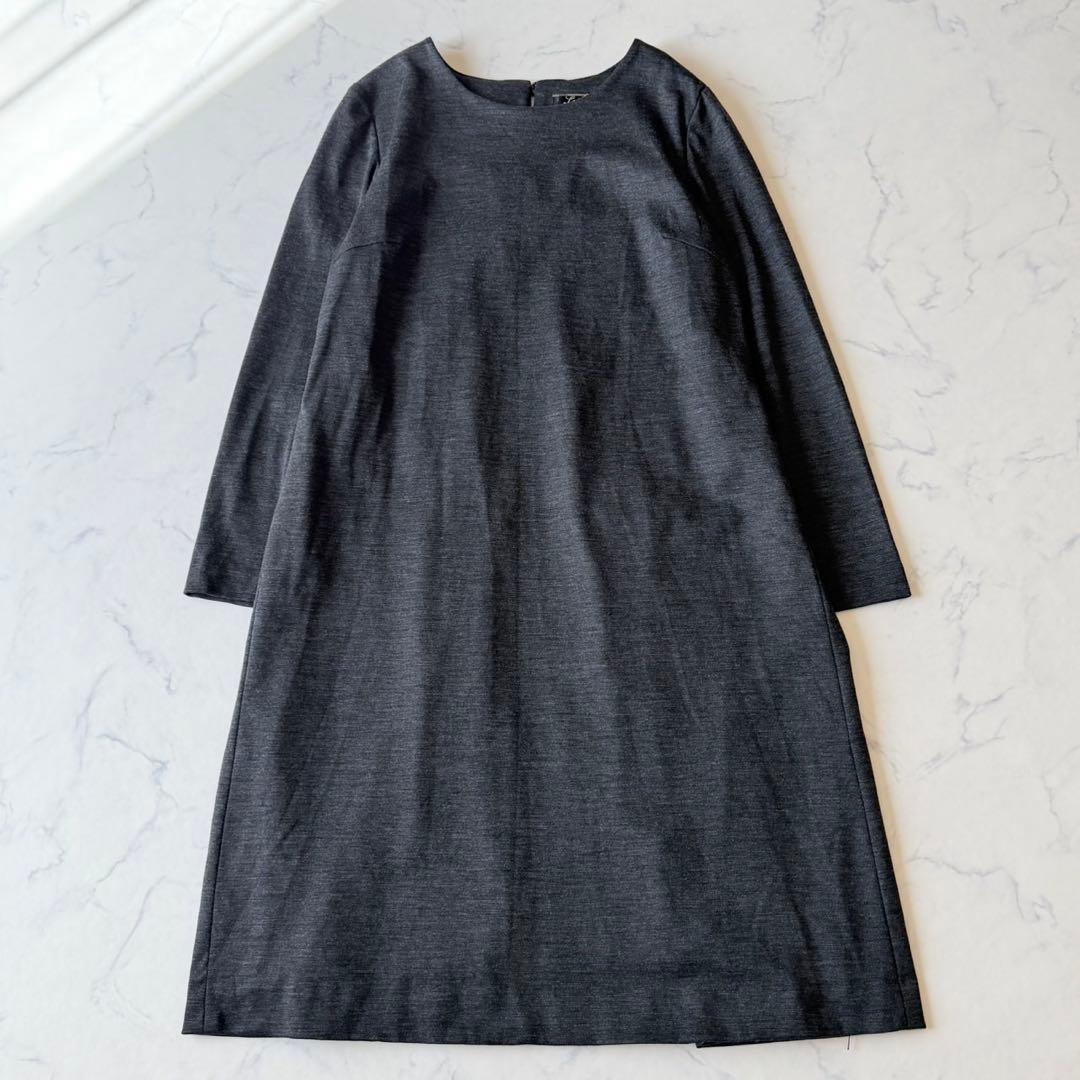 leilian レリアン 長袖ワンピース グレー L バックプリーツ 膝丈
