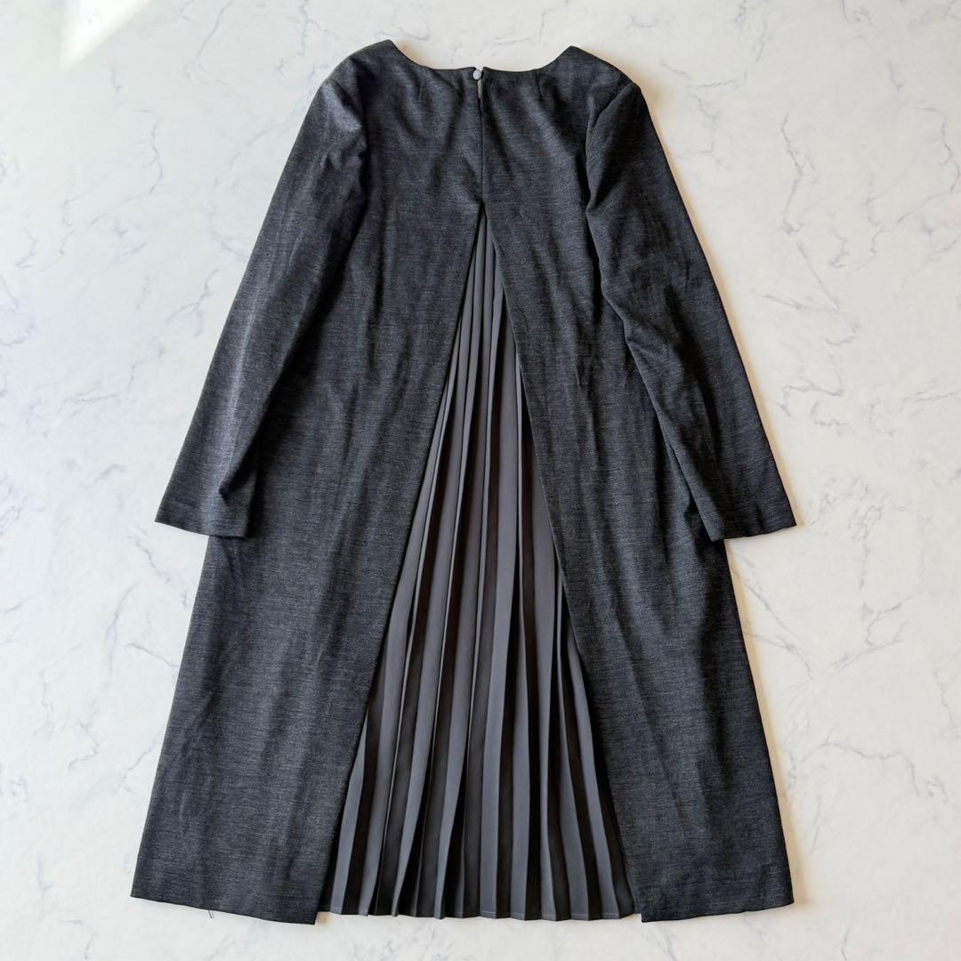 leilian レリアン 長袖ワンピース グレー L バックプリーツ 膝丈