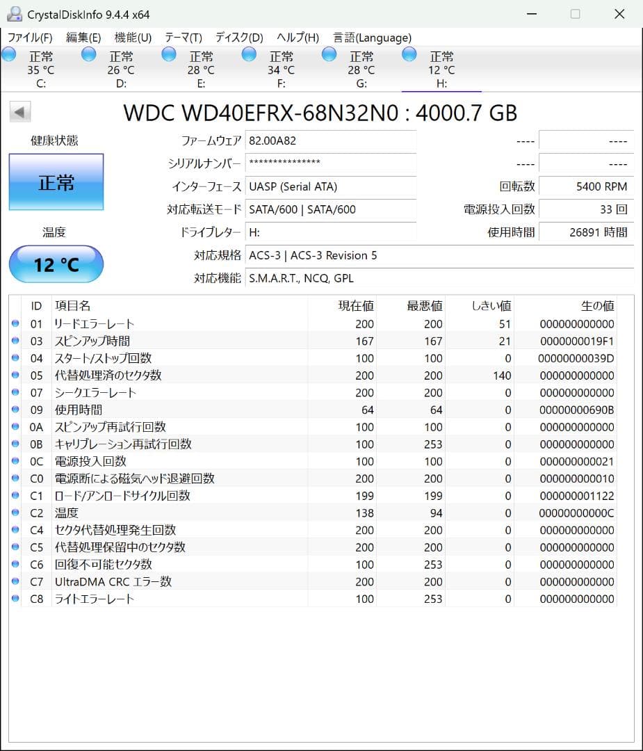 WD Red 4TB HDD WD40EFRX【正常動作】3.5インチ