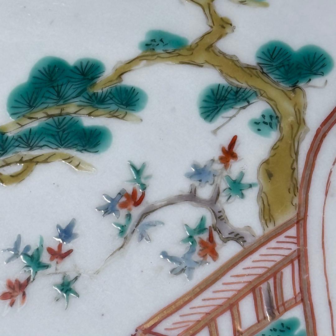 古伊万里　色絵輪花形七寸皿　農村　風景画　人物　珍品　窯銘有　直径21.3cm