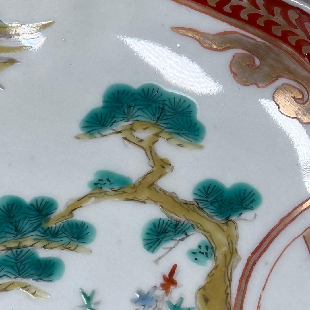 古伊万里　色絵輪花形七寸皿　農村　風景画　人物　珍品　窯銘有　直径21.3cm