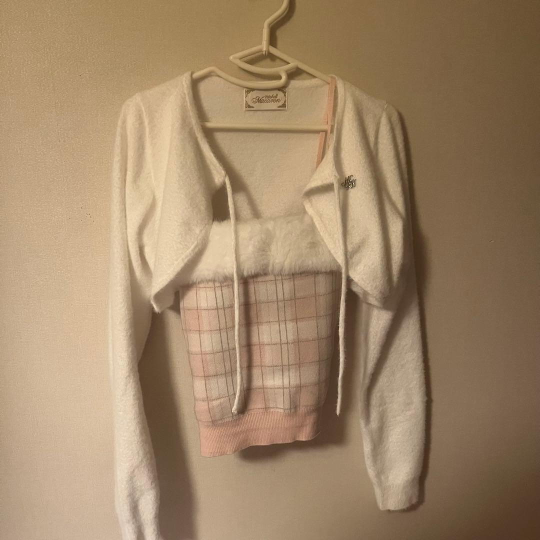 ミシェルマカロン シャギーボレロチェックファートップス ピンク