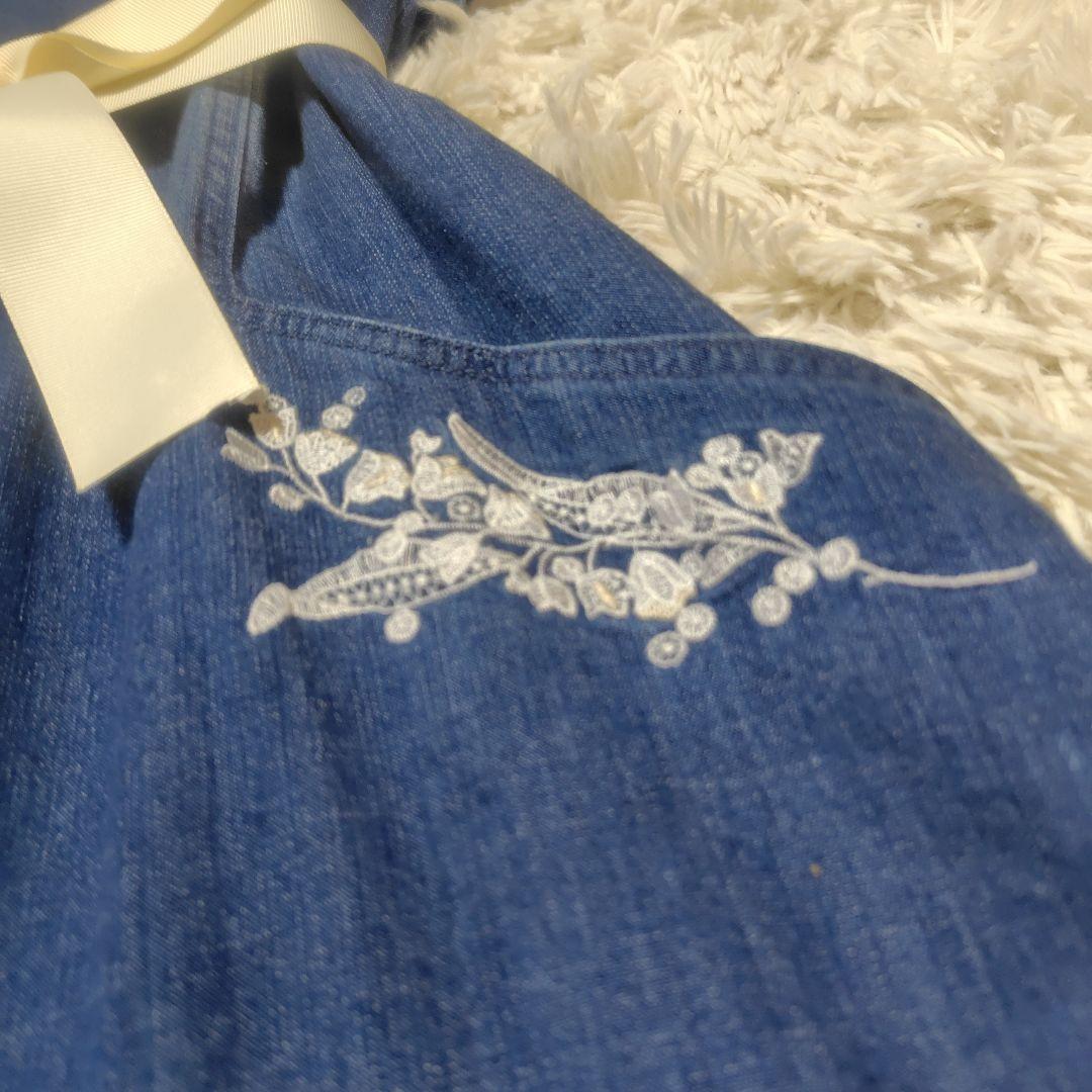 【美品♡希少42】ローズティアラ フラワー刺繍デニムフレアワンピース　ブルー