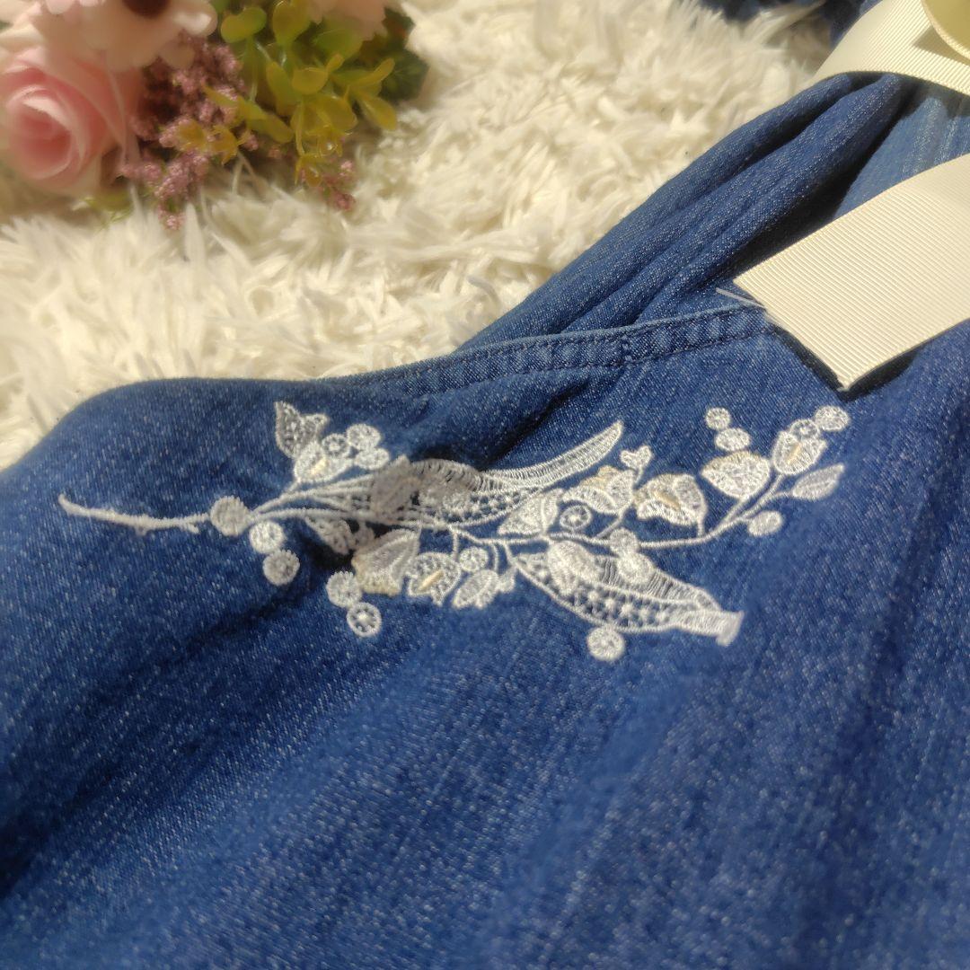 【美品♡希少42】ローズティアラ フラワー刺繍デニムフレアワンピース　ブルー