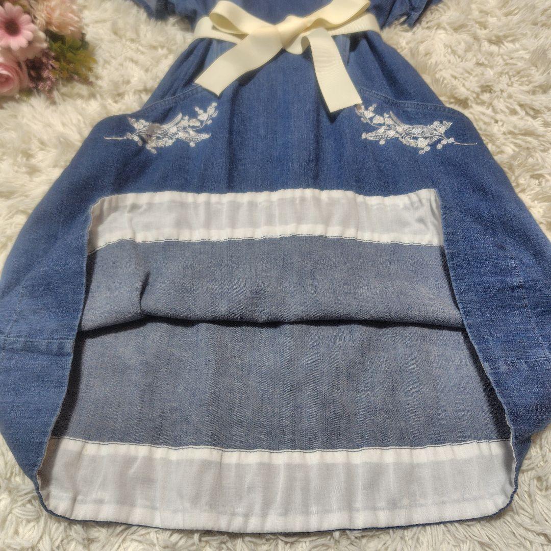 【美品♡希少42】ローズティアラ フラワー刺繍デニムフレアワンピース　ブルー