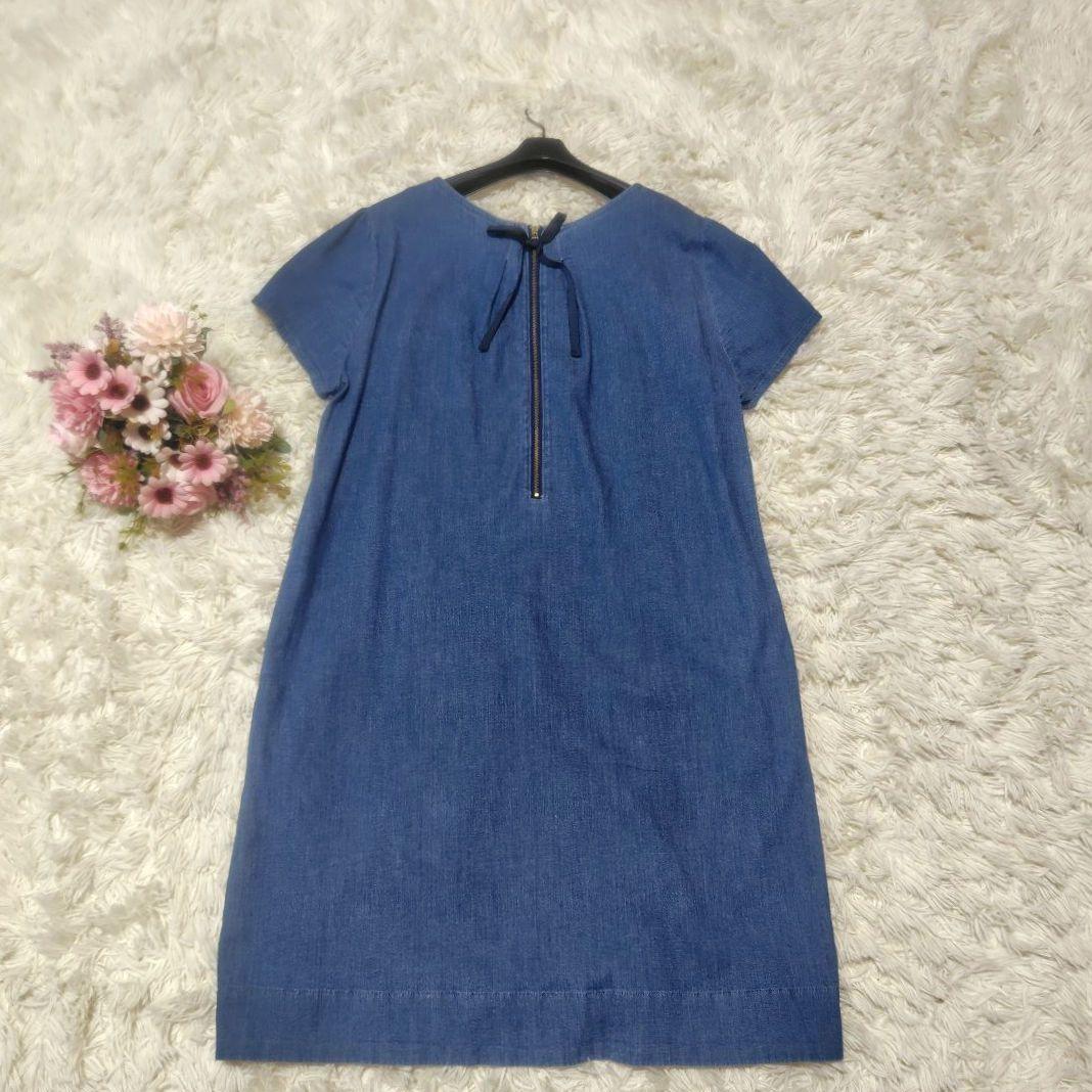 【美品♡希少42】ローズティアラ フラワー刺繍デニムフレアワンピース　ブルー