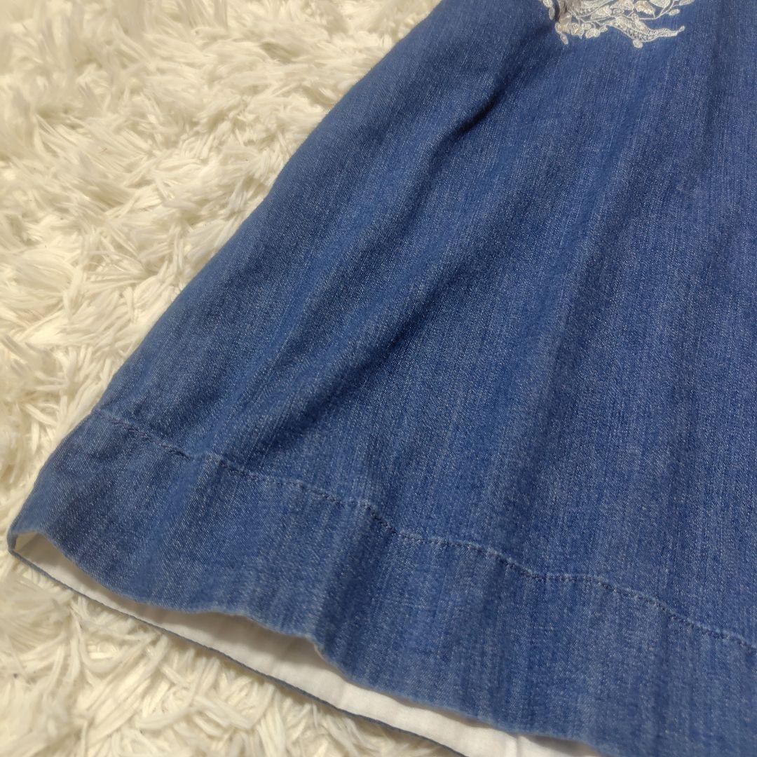 【美品♡希少42】ローズティアラ フラワー刺繍デニムフレアワンピース　ブルー