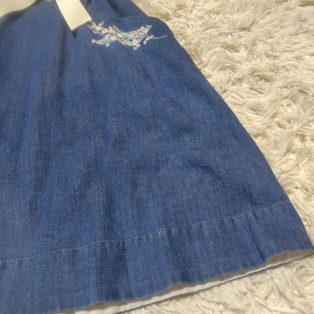 【美品♡希少42】ローズティアラ フラワー刺繍デニムフレアワンピース　ブルー