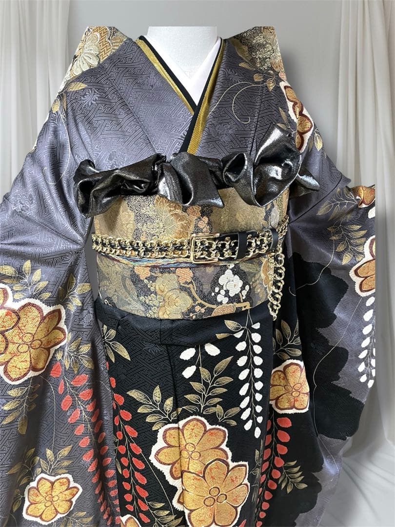 モード黒灰 染め分け グレー ファーショール 振袖 フルセット